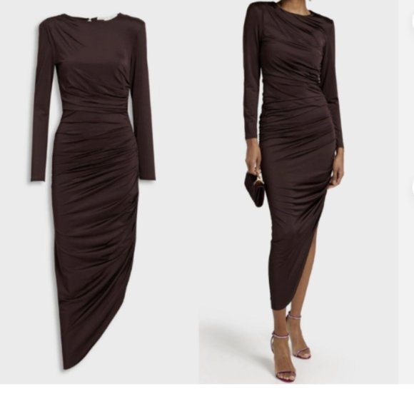 VERONICA BEARD TRISTANA ASYMMETRICAL RUCHED SATIN JERSEY OXBLOOD MIDI DRESS sz 8 - Picture 3 of 6